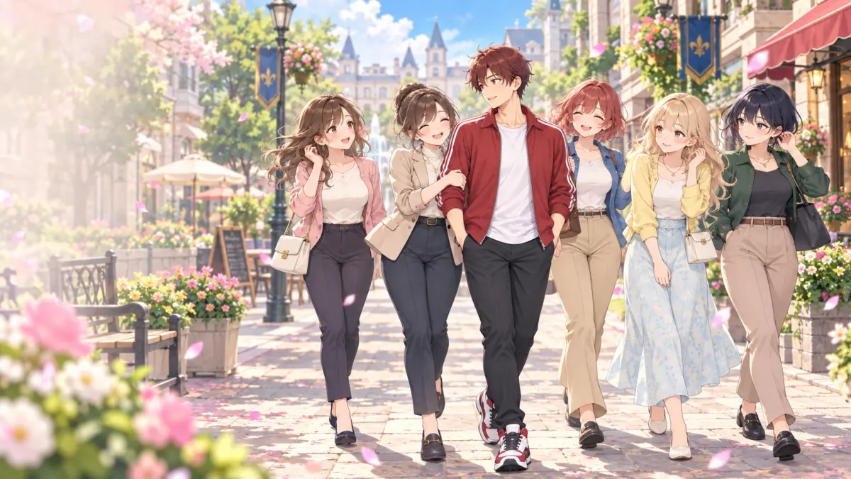 花の街を主人公と5人の女性が歩く100人の彼女のキービジュアル