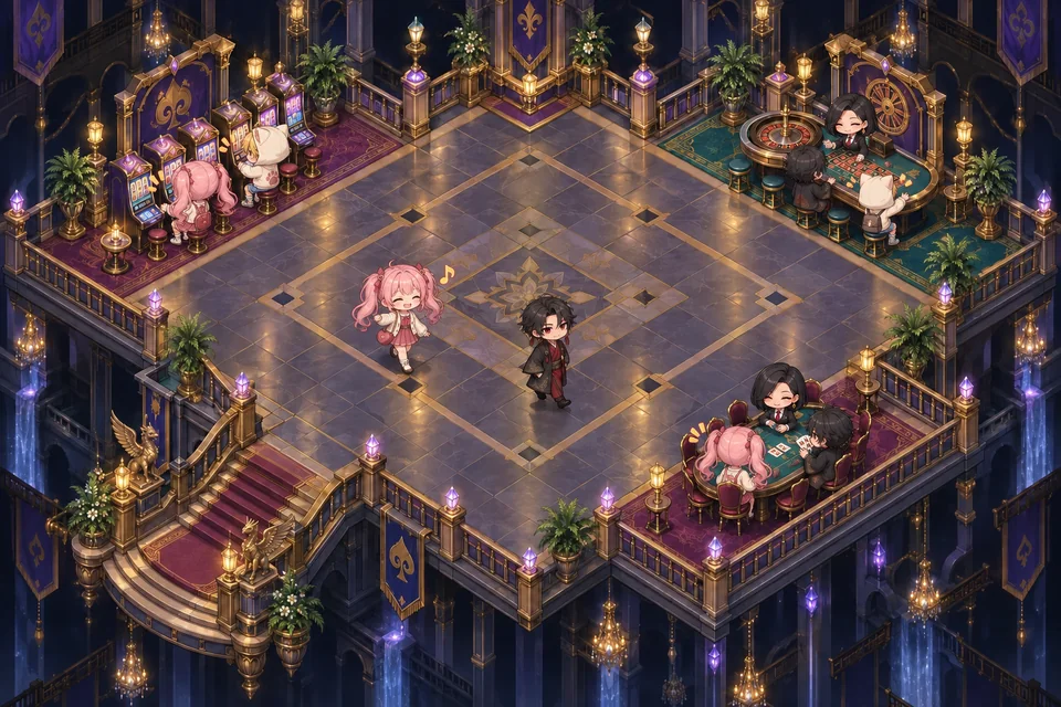 複数のアバターがスロットやテーブルゲームを楽しむチビカジノのイメージ