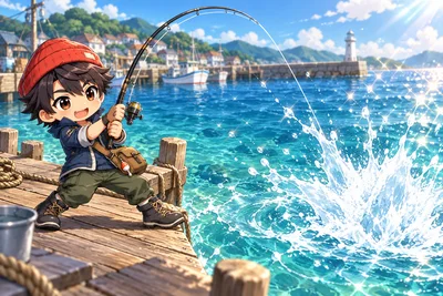 赤い帽子の主人公が、水しぶきを上げる魚と釣りで勝負する冒険イメージ