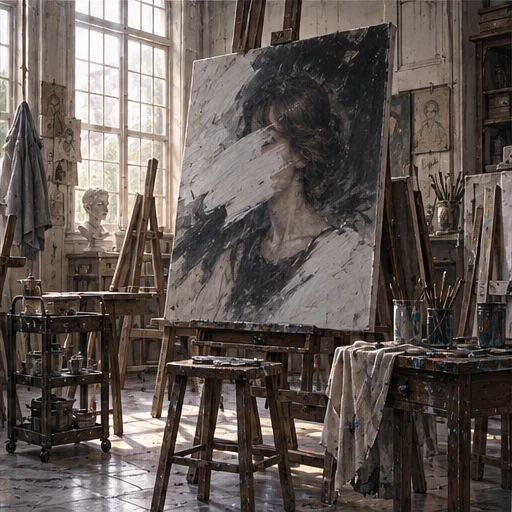 白い絵が残るアトリエの背景画