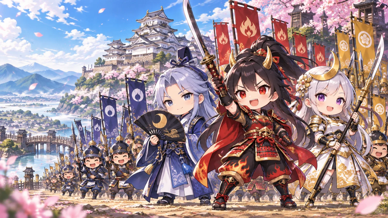 紅・蒼・金の三国の武将が並ぶチビ国盗り合戦のタイトルビジュアル