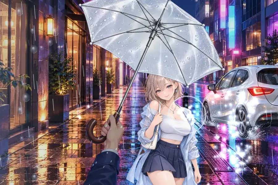 横画面のゲーム画面。ネオンが路面に映る雨の夜の裏通りで、手前の手がビニール傘をさし、その下でミルクティーベージュのボブの女性が照れた笑顔を見せている。右から走ってきた車の水しぶきが、彼女の手前で光の粒になって止まっている
