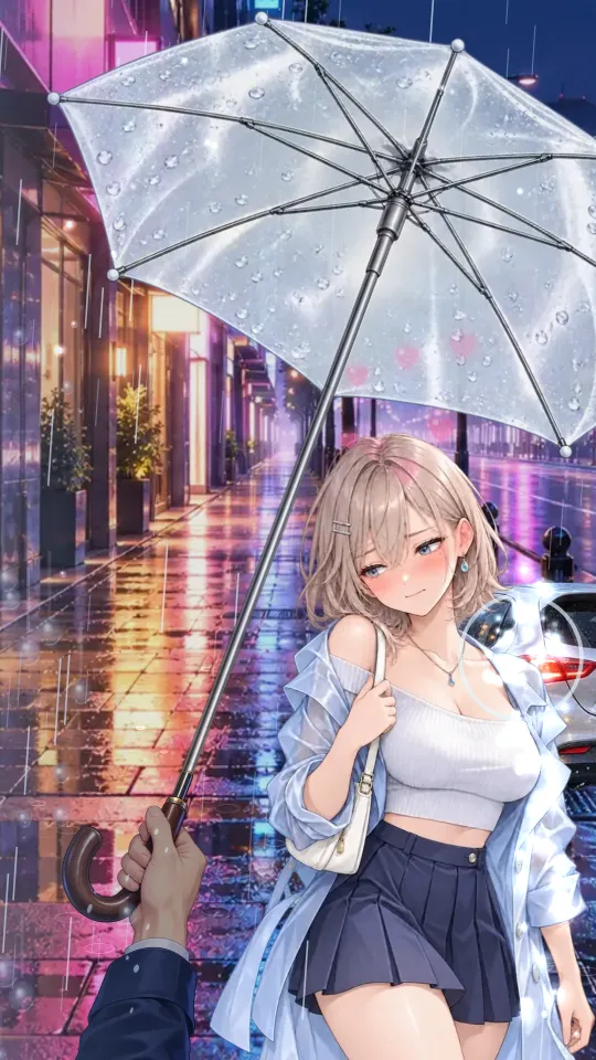 スマホの縦画面。ネオンの夜道で、手前の手がビニール傘を彼女の方へかたむけ、その下で女性が頬を赤くして照れている。頭の上にハートが浮かび、右の車から上がった水しぶきが光の輪になって止まっている