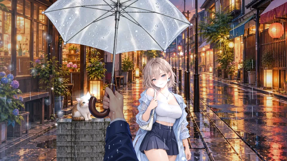 横画面。ちょうちんの明かりの商店街で、ビニール傘の下を女性が笑顔で歩き、左の塀の上ではぬれたねこが雨宿りしている。路面には明かりが映り、雨が斜めに降っている