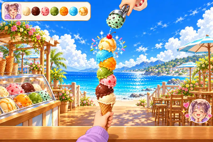 夏の海辺のテラスで、お客さんの手が持つワッフルコーンの上にバニラ・チョコ・いちご・抹茶・マンゴー・ソーダの7段アイスが積み上がり、上から店主の腕がチョコミントをのせたディッシャーをゆらしているゲーム画面