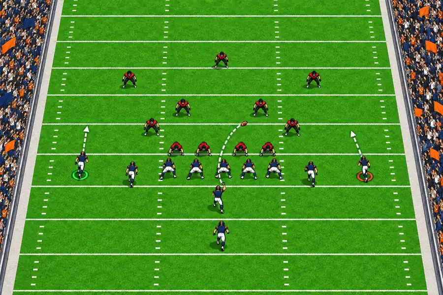 斜め上から見たアメフトのフィールドで、紺のユニフォームの攻撃チームが赤い守備と向き合い、レシーバーからパスコースの矢印がのびている