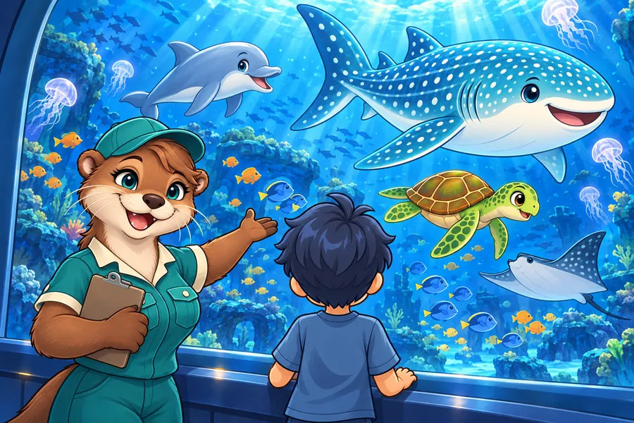水族館の大水そうの前で、カワウソの飼育員とお客さんがジンベエザメやイルカを見ている場面
