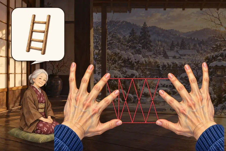 縁側で、両手の指に赤い毛糸のひもをかけてあやとりをしている実際のゲーム画面