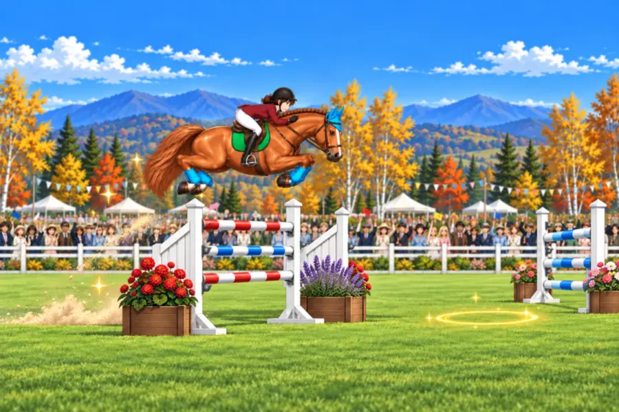 ゲーム画面。紅葉の高原の芝の会場で、赤いジャケットの騎手を乗せた栗毛の馬が、花のプランターで飾った赤白・青白の横木の障害を背中を丸めて飛びこえている。右には次の障害が見え、その手前の芝に金色に光るだ円の踏み切り位置。奥の柵の向こうでは観客が歓声を上げている