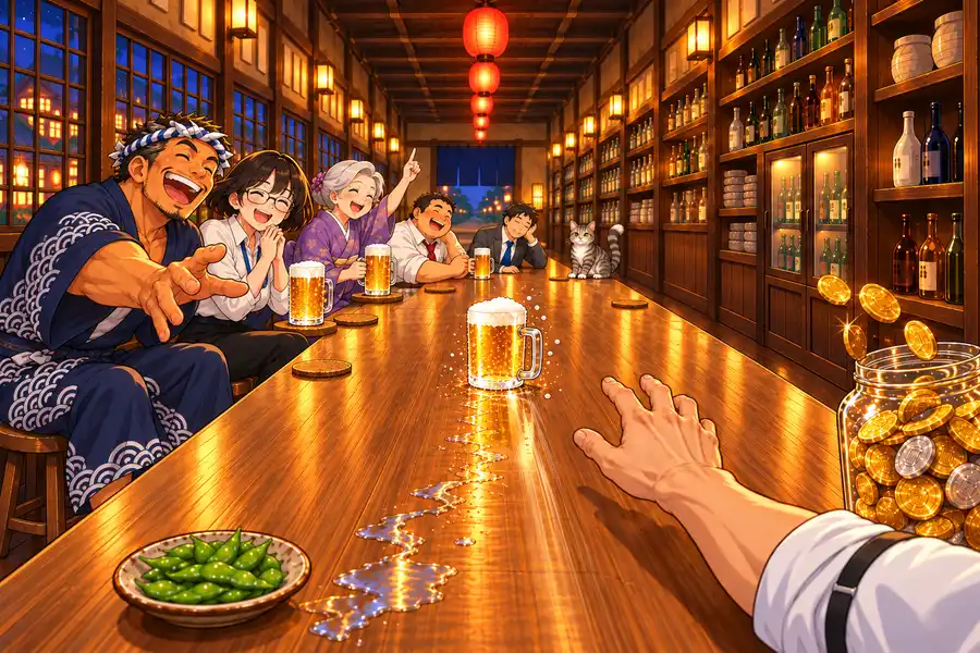 一人称のゲーム画面。夜の大衆酒場で、奥へまっすぐのびる長い木のカウンターを、泡のたったジョッキがすべっていく。左にはスツールにすわって笑うお客さんたち、右手前には押し出したばかりの自分の右手と、コインが飛びこむチップのびん。カウンターの奥にはネコ