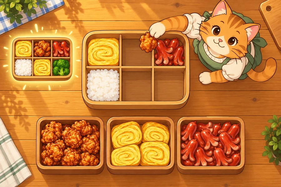 朝の台所で、ねこのお母さんがカラフルなお弁当におかずをつめている