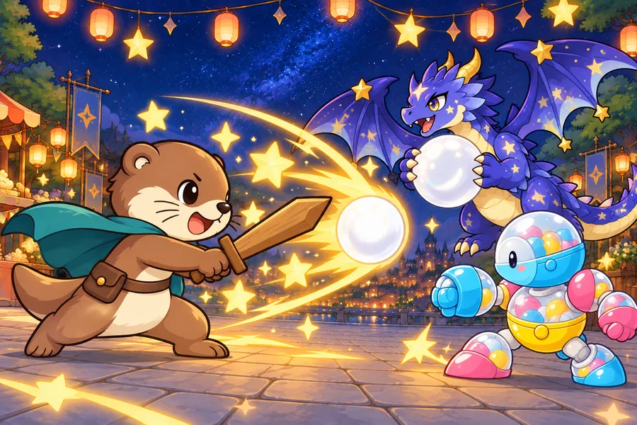 星まつりの夜の広場で、カワウソの勇者がビンゴの光でモンスターと戦っている
