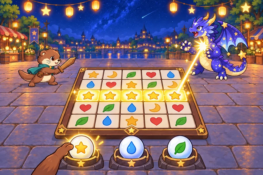 星まつりの夜の広場で、カワウソの勇者がビンゴの光でモンスターと戦っている