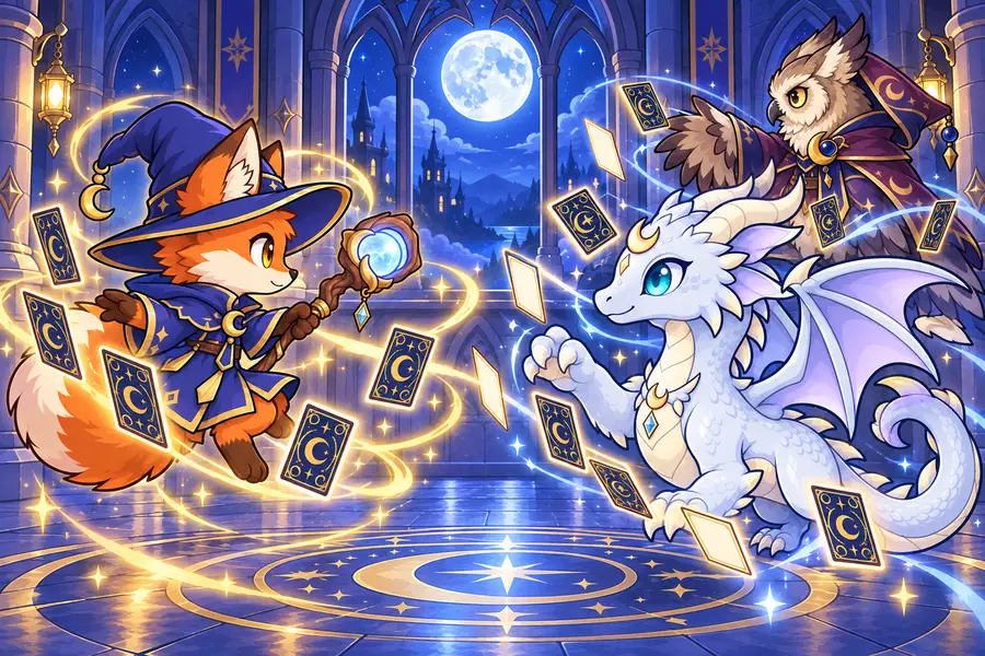 月夜の塔の広間で、きつねの魔法使いがトランプを浮かべてモンスターと勝負している