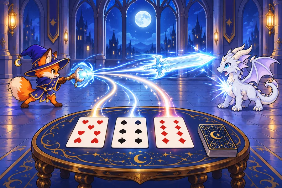 月夜の塔の広間で、きつねの魔法使いがトランプを浮かべてモンスターと勝負している