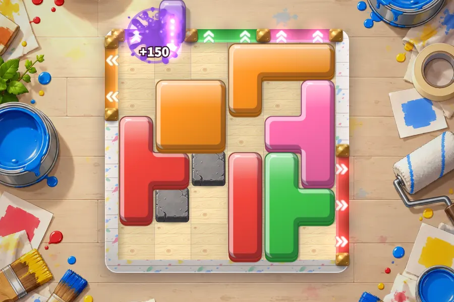 ゲーム画面。ペンキ工房の床の上に、白い木の壁で囲まれた盤。壁のところどころに赤・青・黄・みどりに光る出口があり、盤の上には赤・青・黄・オレンジ・むらさきなどの分厚いつやつやのブロックがならんでいる。赤いブロックが赤い出口をぬけていくところ