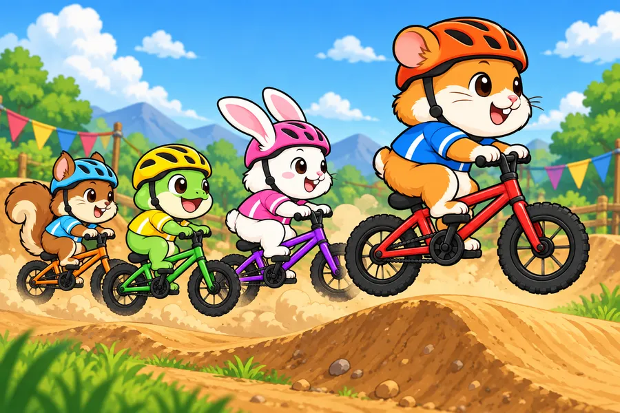 土のBMXコースで、ハムスターのハム太が先頭でジャンプし、ウサギ・カエル・リスのライバルがあとを追っている