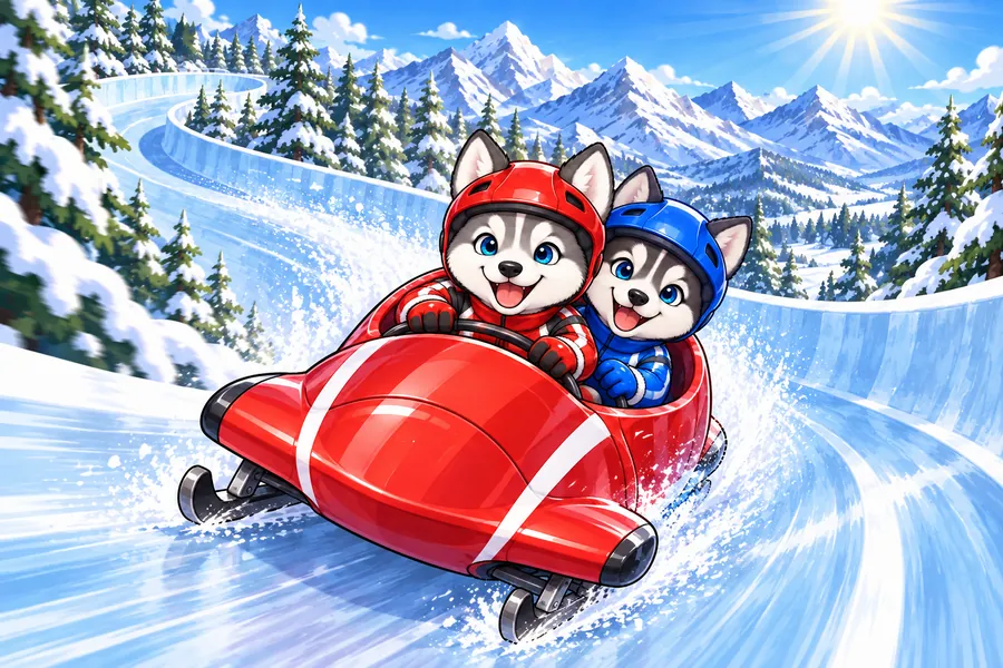 雪山の氷のコースを、ハスキーの子犬たちのボブスレーがカーブをかけぬける