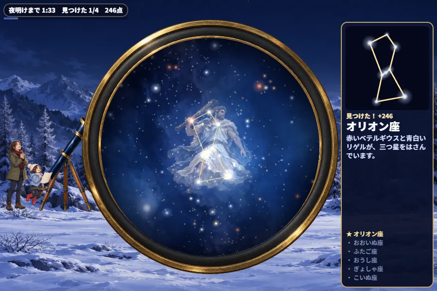 丸いレンズの中の夜空に、見つけた星座の金色の線が光っている。レンズの外には雪の原っぱに立つ親子と望遠鏡