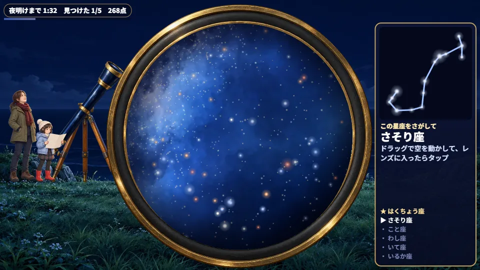 横長の画面。中央に丸いレンズの星空、左に親子と望遠鏡、右にさがす星座のカード、上に夜明けまでの時間
