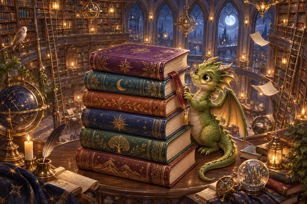 丸眼鏡の小さな古書竜と、金箔の表紙を重ねた本の塔。月明かりが差す魔法の書庫