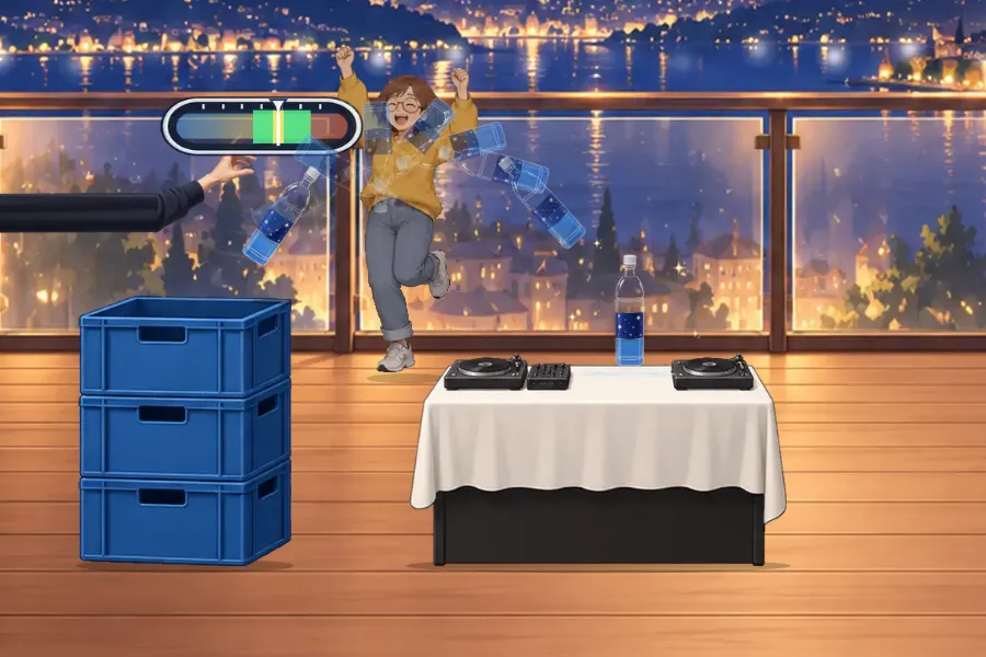 ゲーム画面。夜景の見える屋上パーティー。左の積んだ青い箱から右のDJテーブルへ、夜空もようのラベルのペットボトルが回転しながら弧をえがいて飛び、ターンテーブルのあいだにまっすぐ立って着地している。左からは手首をふりぬいた手とパワーメーター、奥では大人たちが両手を上げて喜んでいる