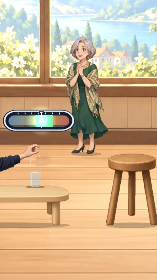 スマホの縦画面。木の床のリビングで、左からのびた手がローテーブルの上のペットボトルの首をつまみ、ボトルの上にはパワーメーターと緑の帯。右には次に立たせる木のスツール、奥では緑のワンピースの女性が手を組んで見守っている