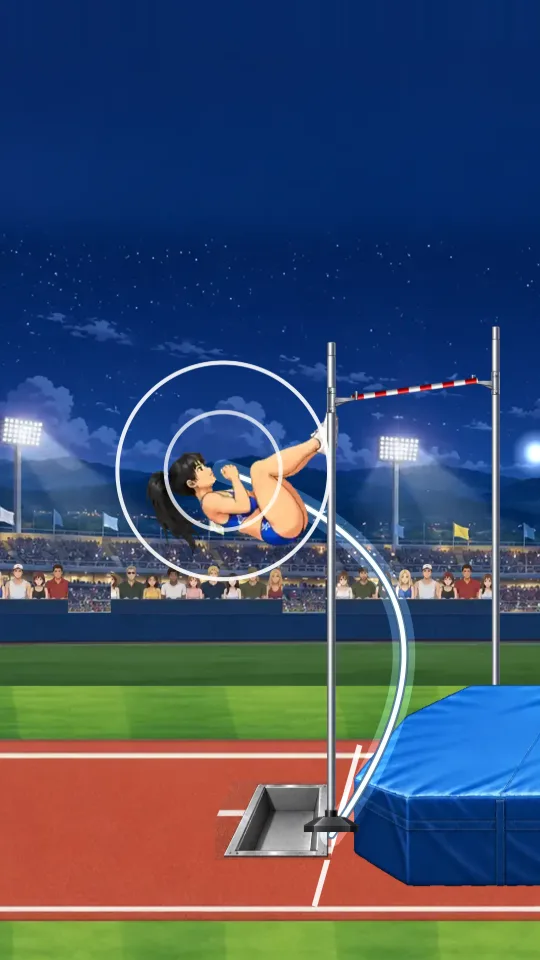 スマホの縦画面。夜のスタジアムで、ボックスに差し込んだポールが大きくしなり、選手がポールにぶら下がって両足を高く振り上げている。選手の手もとには押し切りのタイミングを示す白い二重の輪があり、右には支柱と赤白しまのバー、青い着地マットが見える