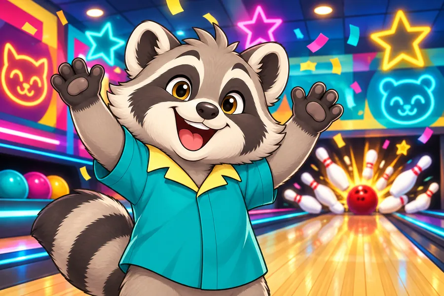 ポップなボウリング場でアライグマがストライクを取ってバンザイしている場面