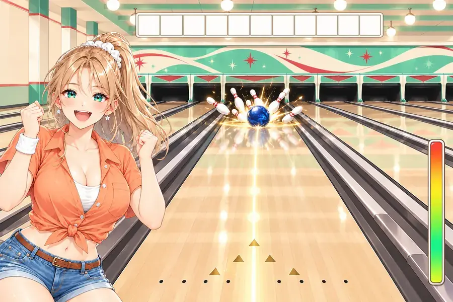 横画面のゲーム画面。レトロなボウリング場の木のレーンの奥で、青いボールがピンの列に当たってピンがはじけ飛んでいる。左ではオレンジのシャツの女性が両手をにぎって喜び、右にはたてのパワーメーター、上には空欄のスコア表
