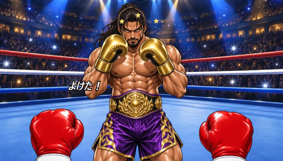 リングの上で相手ボクサーと向かい合う一人称の試合画面