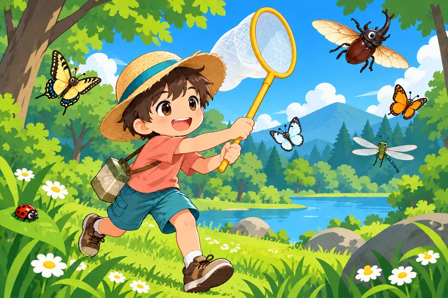 夏の森で、チョウやカブトムシが飛び回り、虫とりあみでつかまえる場面