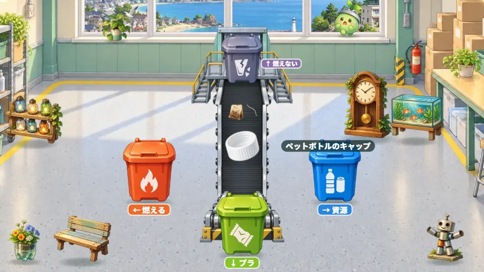 横画面。リサイクルセンターの作業場で、ゴミがふたの開いたゴミ箱へ飛びこみ、光と若葉が舞っている