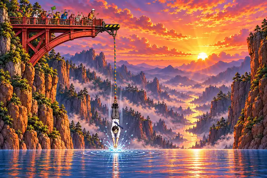ゲーム画面。夕焼けの深い渓谷にかかる赤い鉄橋のジャンプ台からゴムロープがまっすぐのび、さかさまになった会社員のジャンパーが両手をのばして、指先が川の水面に触れた瞬間に王冠のような水しぶきが上がっている。橋の上では観客が両手をあげて大歓声