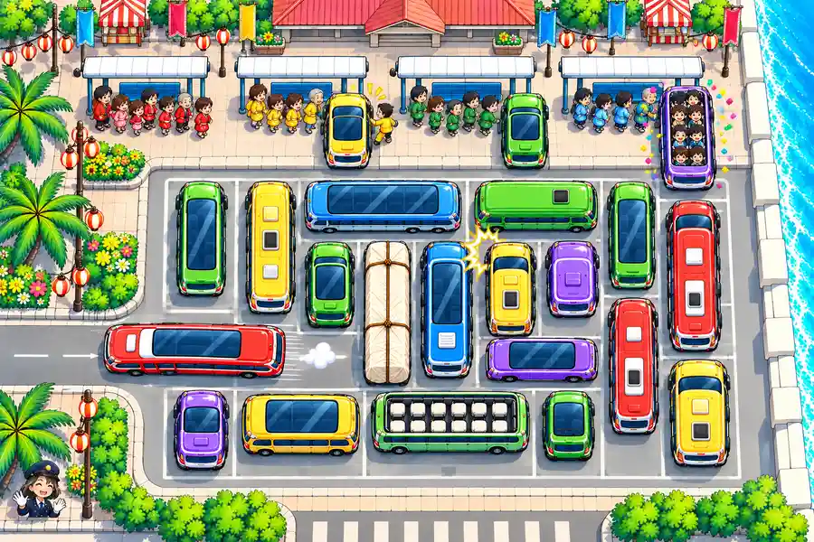 ゲーム画面。真上から見た海辺のバスターミナル。駐車場に色とりどりのバスとミニバンがいろいろな向きでぎっしり詰まり、1台が駐車場から走り出している。上の乗り場にはバスが止まり、同じ色の服の乗客がぴょんと跳ねて乗りこんでいる