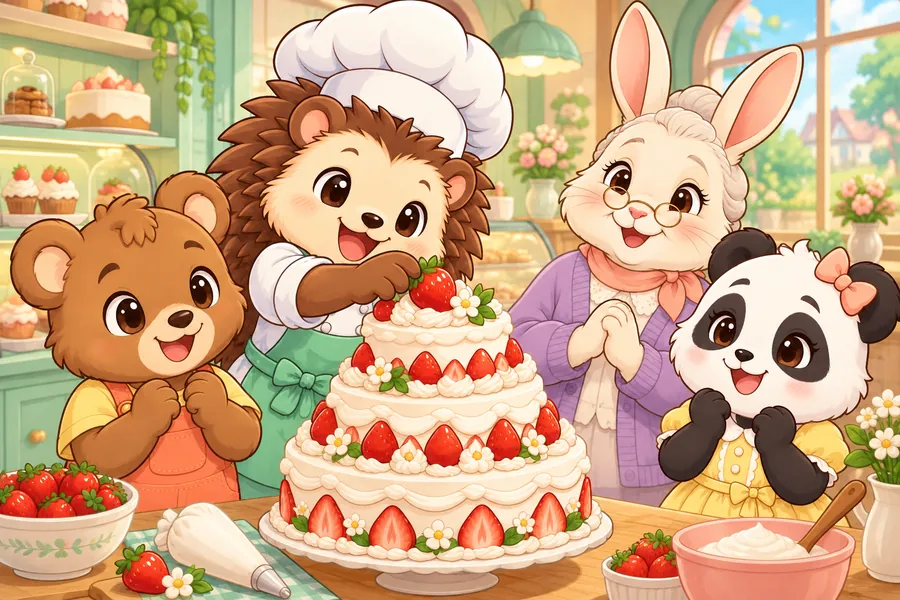 ケーキ屋さんでハリネズミのパティシエが3段ケーキを仕上げ、動物のお客さんが喜んでいる場面