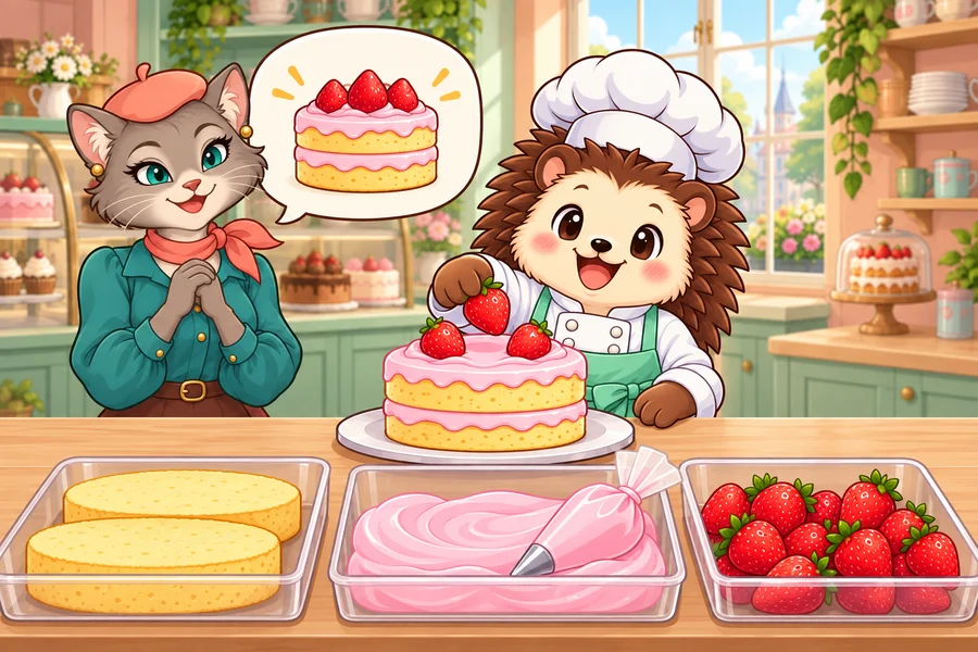 ケーキ屋さんでハリネズミのパティシエが3段ケーキを仕上げ、動物のお客さんが喜んでいる場面