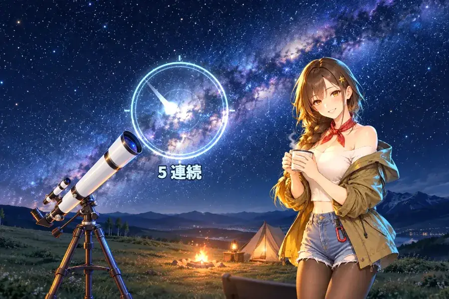 横画面のゲーム画面。天の川が流れる高原の夜空に光る照準の輪が浮かび、その中を流れ星が横切っている。左下に白い望遠鏡、右にマグカップを持った三つ編みの女性が立ち、遠くにテントとたき火が見える