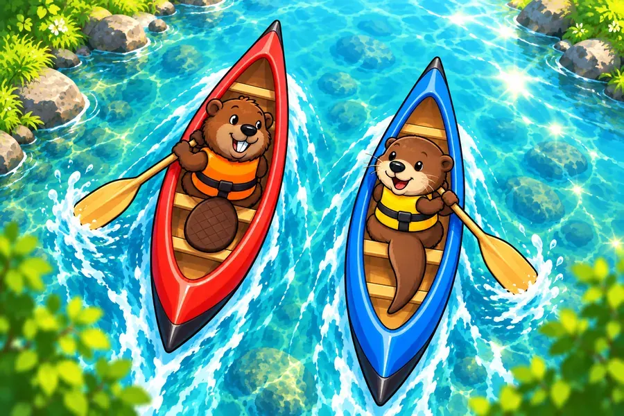 夏の湖で、ビーバーの赤いカヌーとカワウソの青いカヌーが水しぶきを上げて競争している