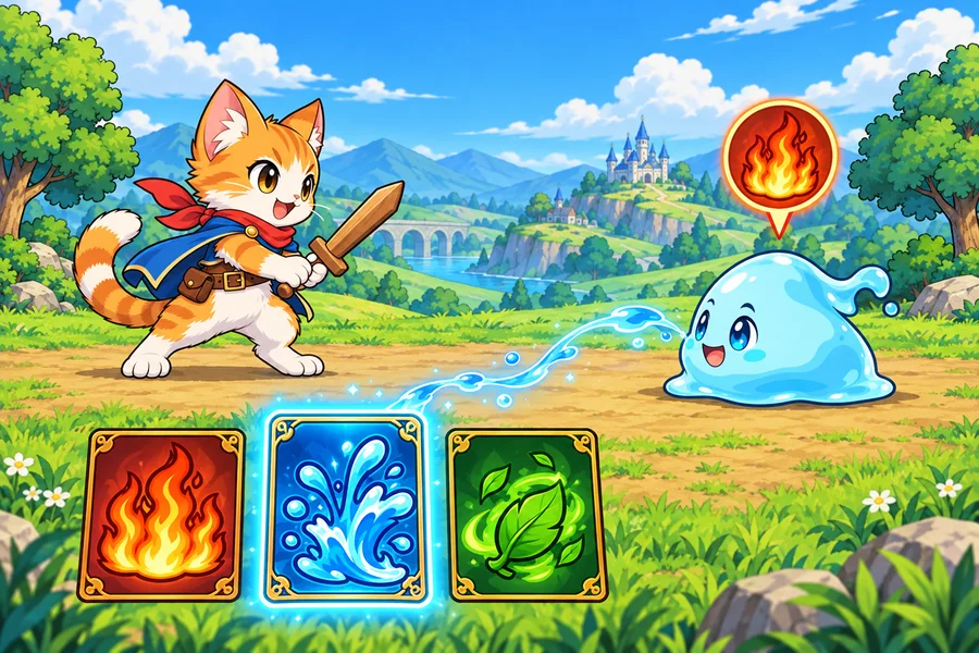 こねこの剣士(左)とほのおのドラゴンの子(右)が向かい合い、まわりに火・水・草の光るカードがうかんでいる