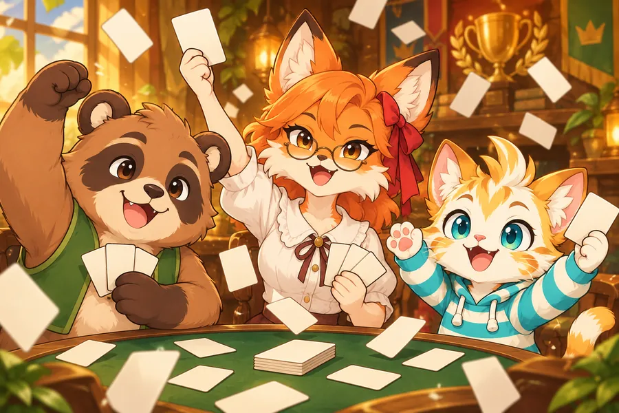 たぬき・きつね・ねこの3人とトランプのカードが舞うカード大会の場面
