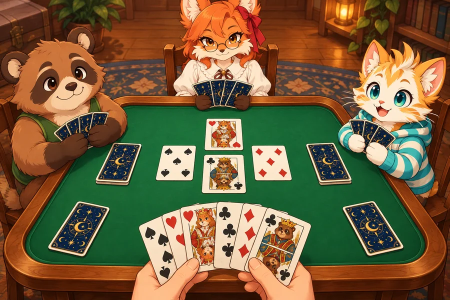 たぬき・きつね・ねこの3人とトランプのカードが舞うカード大会の場面