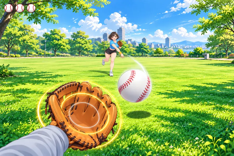 横画面のゲーム画面。晴れた公園の芝生の奥で、水色のTシャツの女性がボールを投げ終えたところ。白いボールが手前へ大きく飛んできて、画面の下には自分のグローブと、そのまわりの金色のタイミングの輪