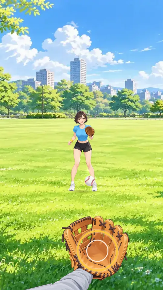 スマホの縦画面。芝生の公園の奥に水色のTシャツの女性が立ち、手前の大きなグローブのまわりに金色の輪が出ている