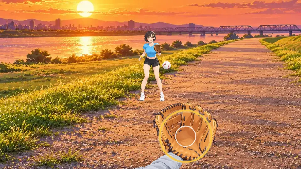 横画面。夕焼けの河原の道の奥で女性がボールを投げ、白いボールが手前のグローブへ飛んでくる