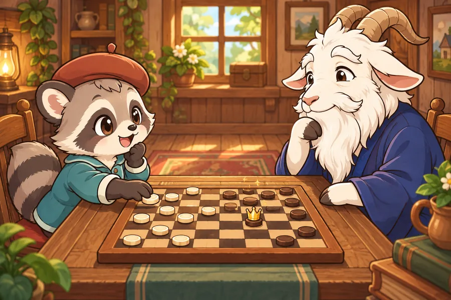 木の部屋で、アライグマの子と白ひげのヤギの名人がチェッカー盤をはさんで向かい合い、王冠のついたコマがかがやいている