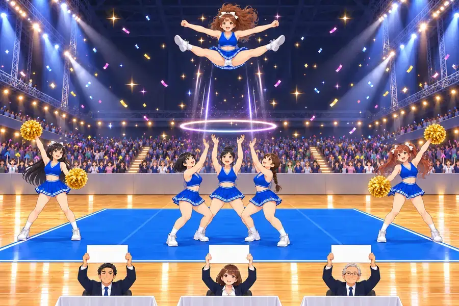 ゲーム画面。スポットライトの当たるアリーナの青いマットの上で、3人のベースが腕をかまえて上を見上げ、その真上の空中でフライヤーが足を左右に大きく開くトータッチを決めている。マットの両わきではポンポンを持ったメンバーが応援し、奥の観客席がわいている