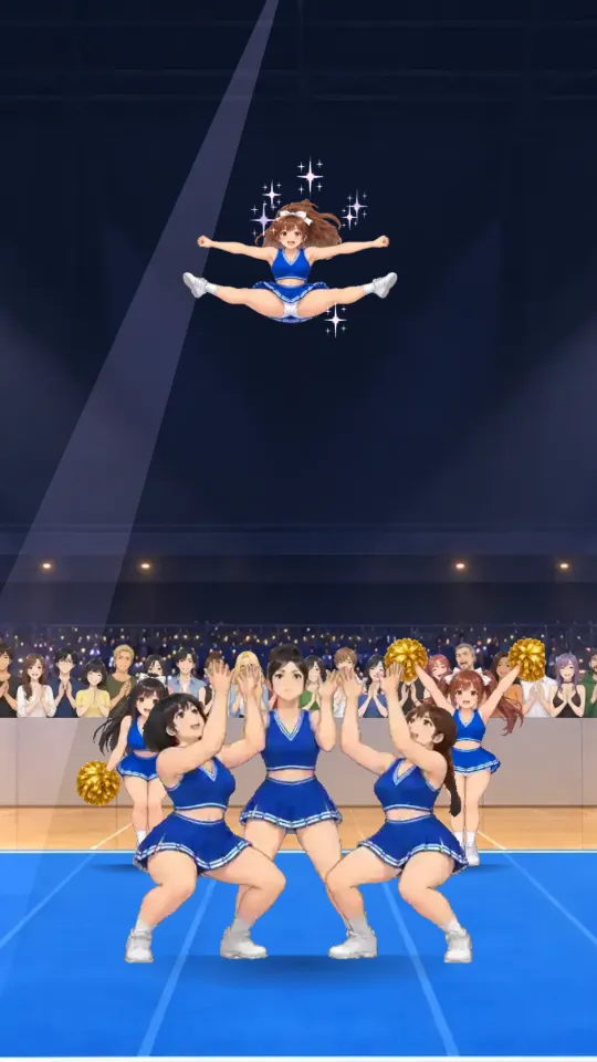 スマホの縦画面。アリーナの青いマットの上で、3人のベースが腕を上げて待ち、その上の高い空中でフライヤーが足を左右に開くトータッチをしている。後ろではポンポンを持ったメンバーが応援している
