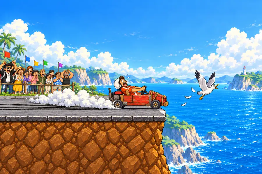 ゲーム画面。晴れた海辺の崖の上の道を、赤い木箱カートが急ブレーキで白いけむりを上げながら崖のはしの手前で止まりかけ、白いヘルメットの運転手が絶叫している。はしに立っていたカモメが飛び立ち、うしろでは観客が息をのんでいる