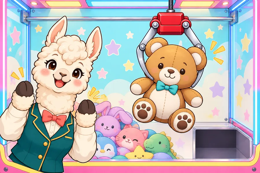 カラフルなクレーンゲームの中で、アームがぬいぐるみを取り出し口へ運び、アルパカの店員が応援している場面